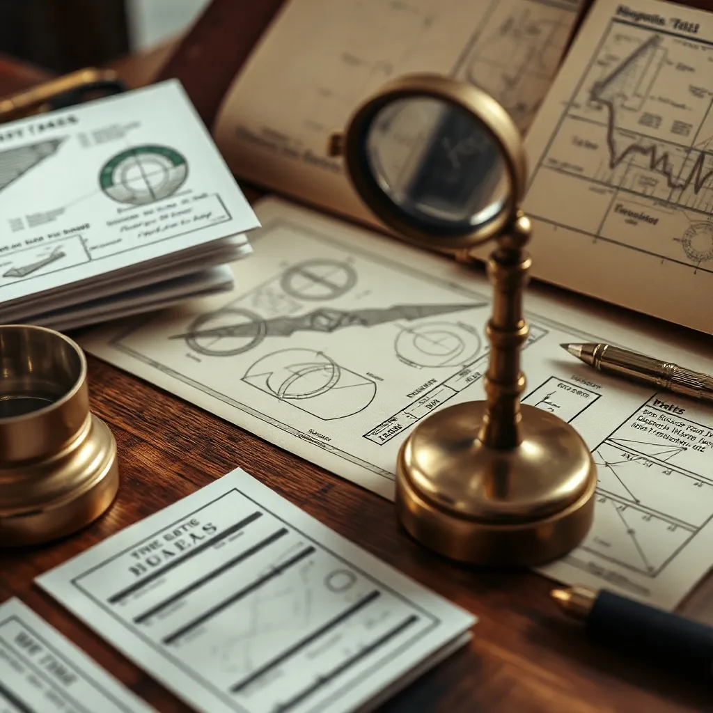 Close-up of a high-end vintage drafting desk with charts, di
