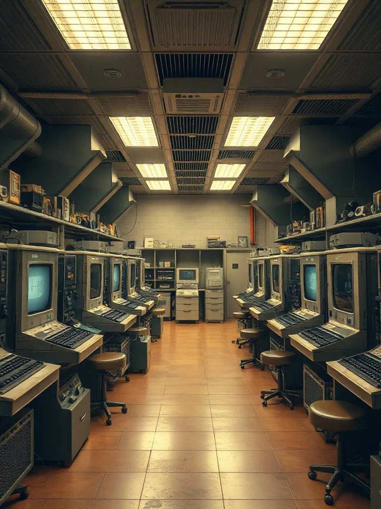 A high-tech vintage computer laboratory from the 1950s with