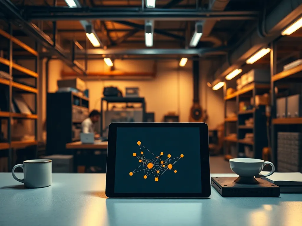 Minimalist industrial engineering workplace with a tablet sh
